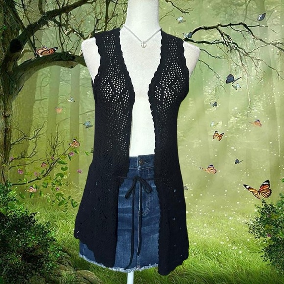 Y2k NWT Mudd Black Crochet Cardigan Size M - Picture 2 of 8